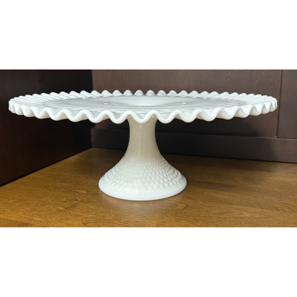 Fenton Cake Stand White Milk Glass Hobnail Ruffled Pedestal Vintage 13"